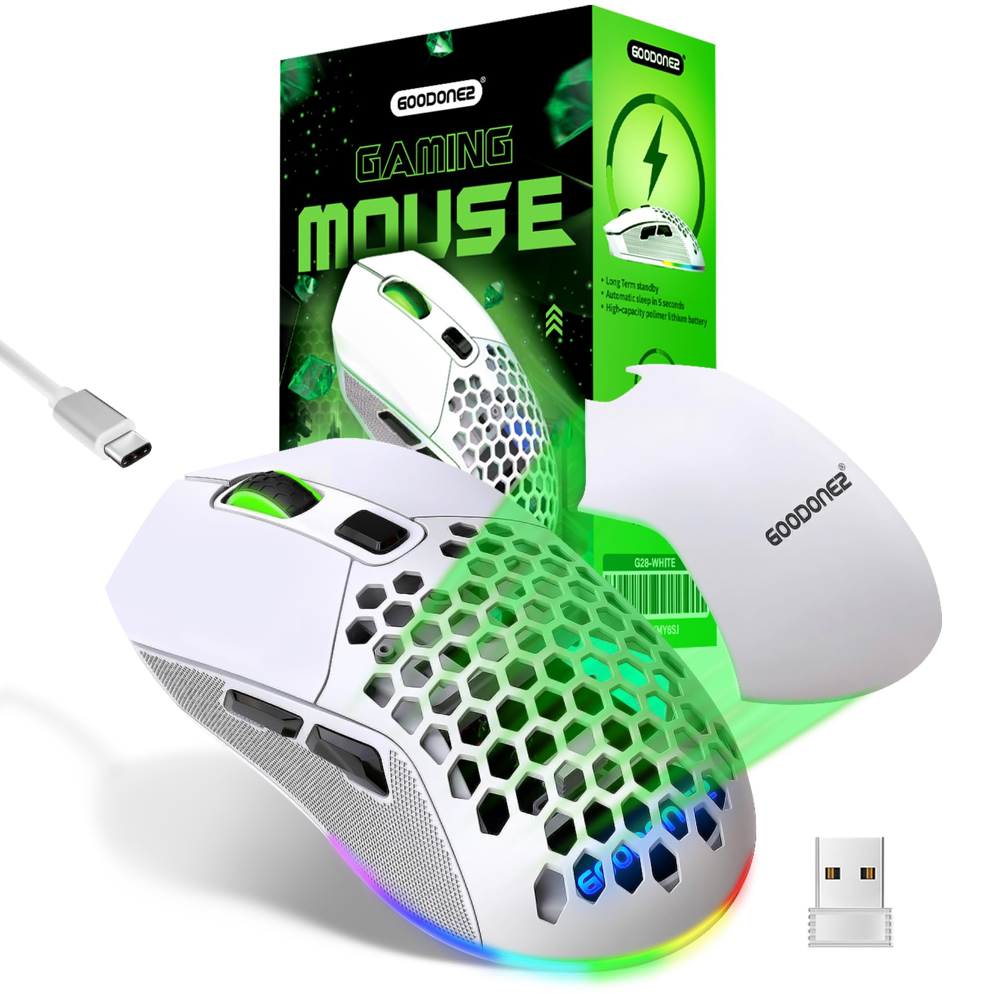 G28 Dual mode Wireless Mouse, 2.4G + BT5.1 USB Computer Mouse with 6-Level Adjustable 4800 DPI, 12 Months Warranty, Ergonomic Grips, 6 Buttons Portable for PC, Chromebook, Mac (Wireless, White)