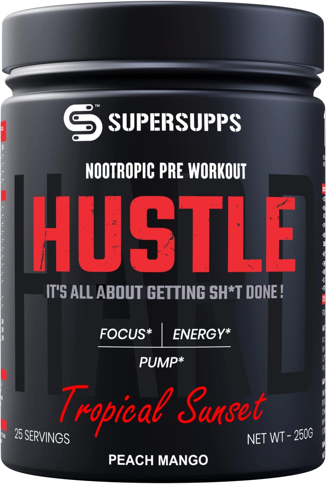 SUPERSUPPS HUSTLE Preworkout supplement | Sharp focus, Sustain Energy, Muscle Pump | 200mg caffeine, 150mg l-theanine, 2.5g l-citrulline, 2g beta alanine | lab test, dope free | (PEACH MANGO, 300gm, 30 servings)
