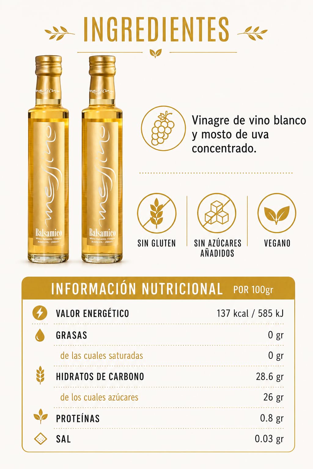 Messino Vinagre Balsámico Blanco – Pack 2 x 250 ml (Total 500 ml) | Vinagre griego con mosto de uva | Ideal para ensaladas, carnes, pasta y postres
