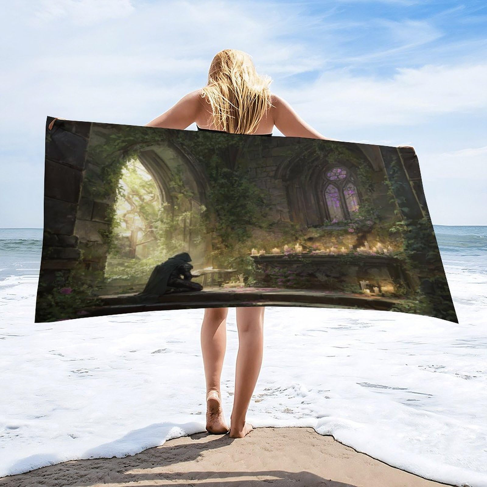 Luyysky Colorful Elegant Castle Arch Absorbent Beach Towel, Classic Vintage Spring Sunshine Arch Plant Roses Flowers Outdoor Single-Sided Velvet Beach Towel-80 W Cm X 160" L Cm