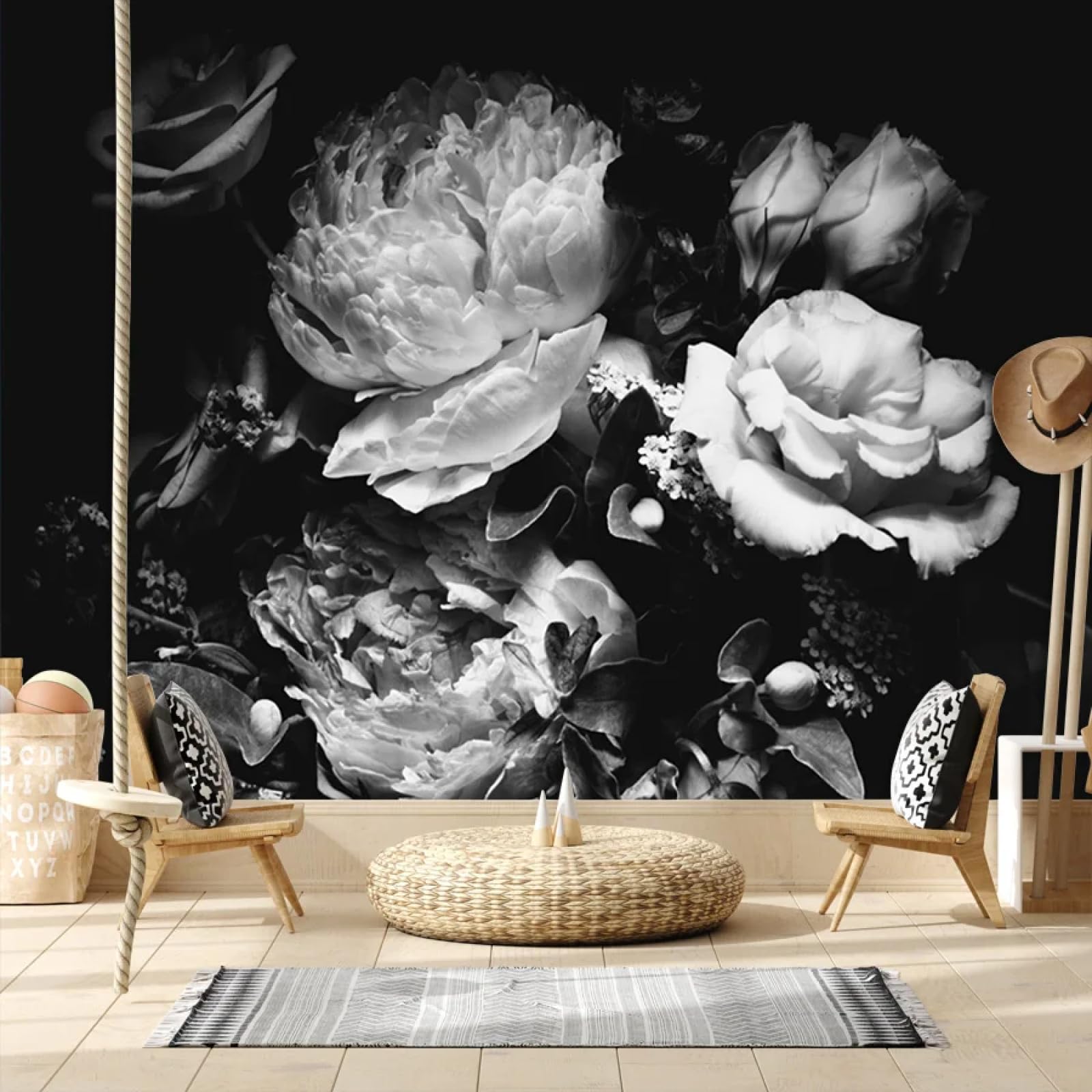 Mural Papel Pintado Flores de peonía en blanco y negro-360 x 280 cm-XXL Papel pintado Seda Decoración de Pared decorativos Murales moderna de Diseno Fotográfico