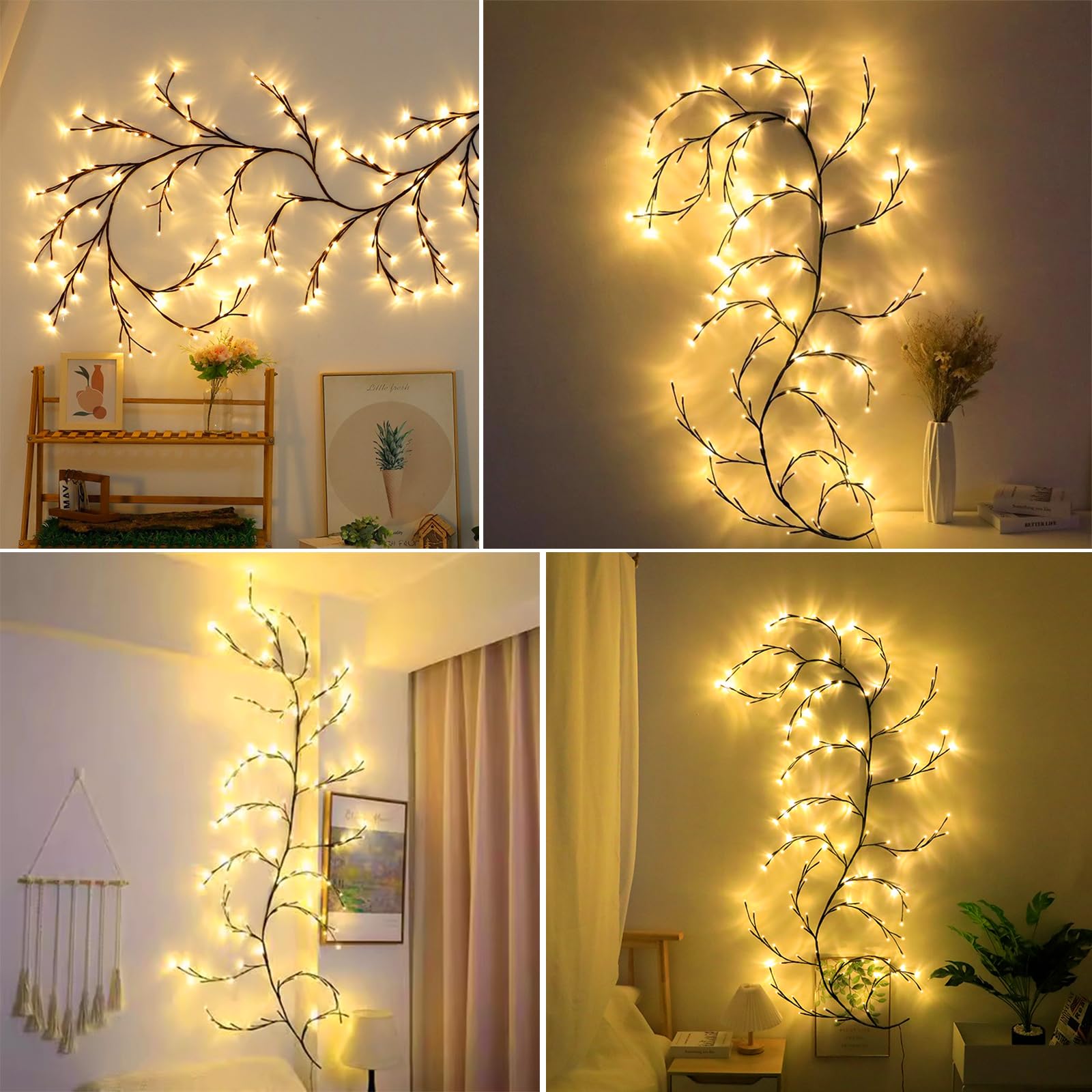 Drzewko świetlne LED, drzewka świetlne, dekoracja ścienna, dekoracja wnętrz domu, 144 składane światła LED, sztuczna wierzba, na ścianę, do sypialni, salonu, dekoracji wnętrz