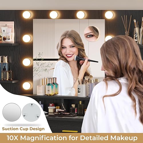 Miniatura 3 de Escritorio de tocador con espejo y luces y parte superior de cristal, tocador de maquillaje con luces, 10 espejos de aumento y estación de carga,