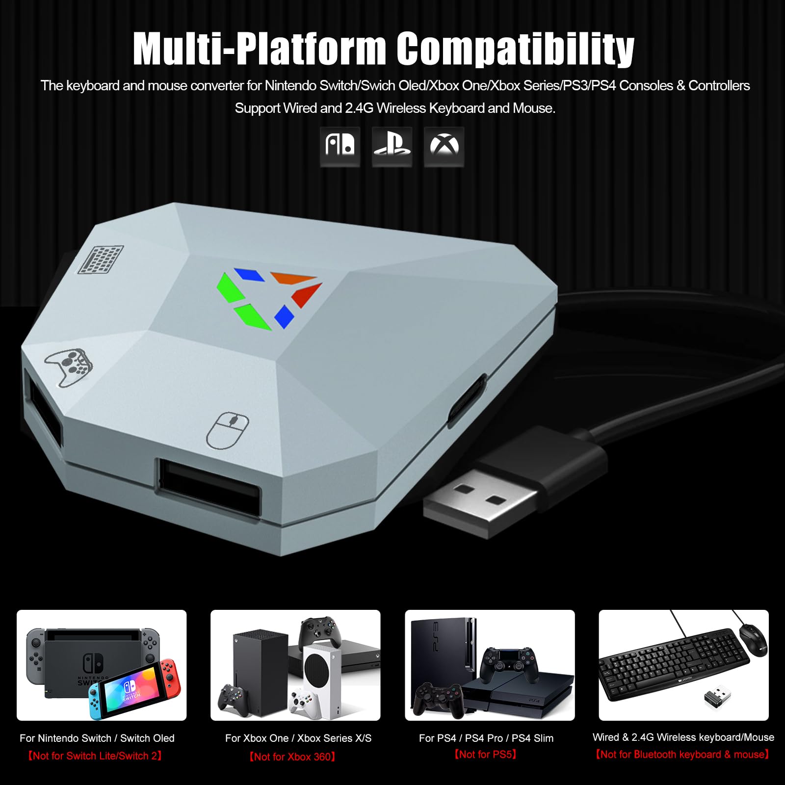 Keyboard and Mouse Adapter for Nintendo Switch, Xbox Series S/X, Xbox One, PS4/PS3, Switch Keyboard Mouse Converter Support Mouses Sensitivity/Aim Speed/Dead Zone Adjustment - Plug and Play