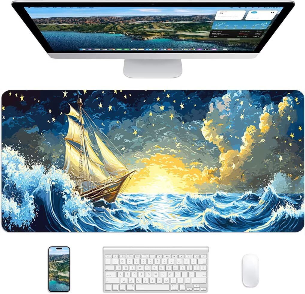 Wxuaixnn Mare Tappetino per Mouse Gaming XXL, 160x80cm Tappetino da Scrivania, Blu Impermeabile Mousepad con Bordi Cuciti per Gamer e computer portatilea, Migliora la Precisione e la velocità -9855