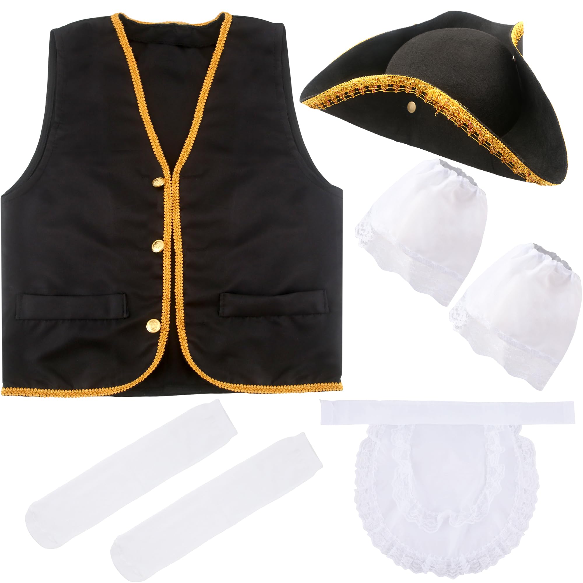 Flotory 6 Pcs Kids Pirate Tricorn Hat Costume Set Pirate Colonial Vest Tricorn Hat White Colonial Lace Socks Lace Collar for Boys Halloween Masquerade Party Cosplay