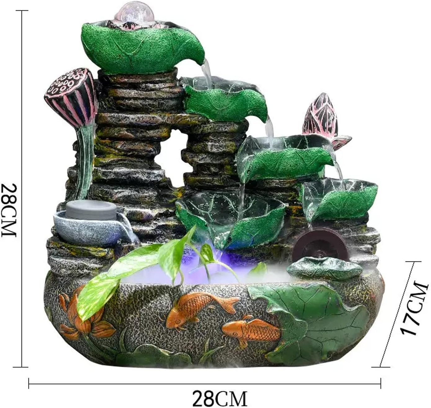 Desktop Fountain Resin Lotus Leaf Cascading Rock Falls Desktop Fountain Indoor Fountain Tabletop Fountain with Water Mist Machine and Pump Indoor Fountain
