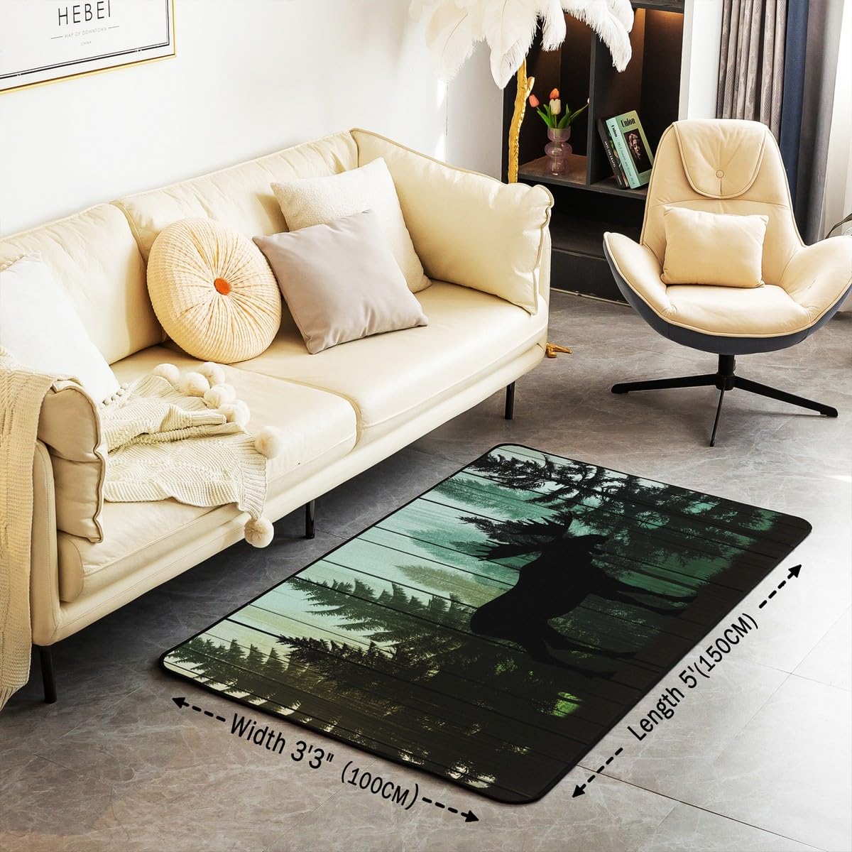 Homewish Dywan łosia 100 x 150 cm, rustykalny dywan leśny sosnowy, nadruk dzikiej przyrody zwierzę wewnętrzna mata podłogowa, vintage drewniana deska dekoracyjny dywan do pokoju zabaw akademika