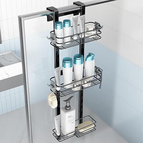 Vista 32 de Nieifi Estante organizador de despensa para ducha sobre la puerta con ganchos confiables, organizador de ducha resistente para colgar, estante