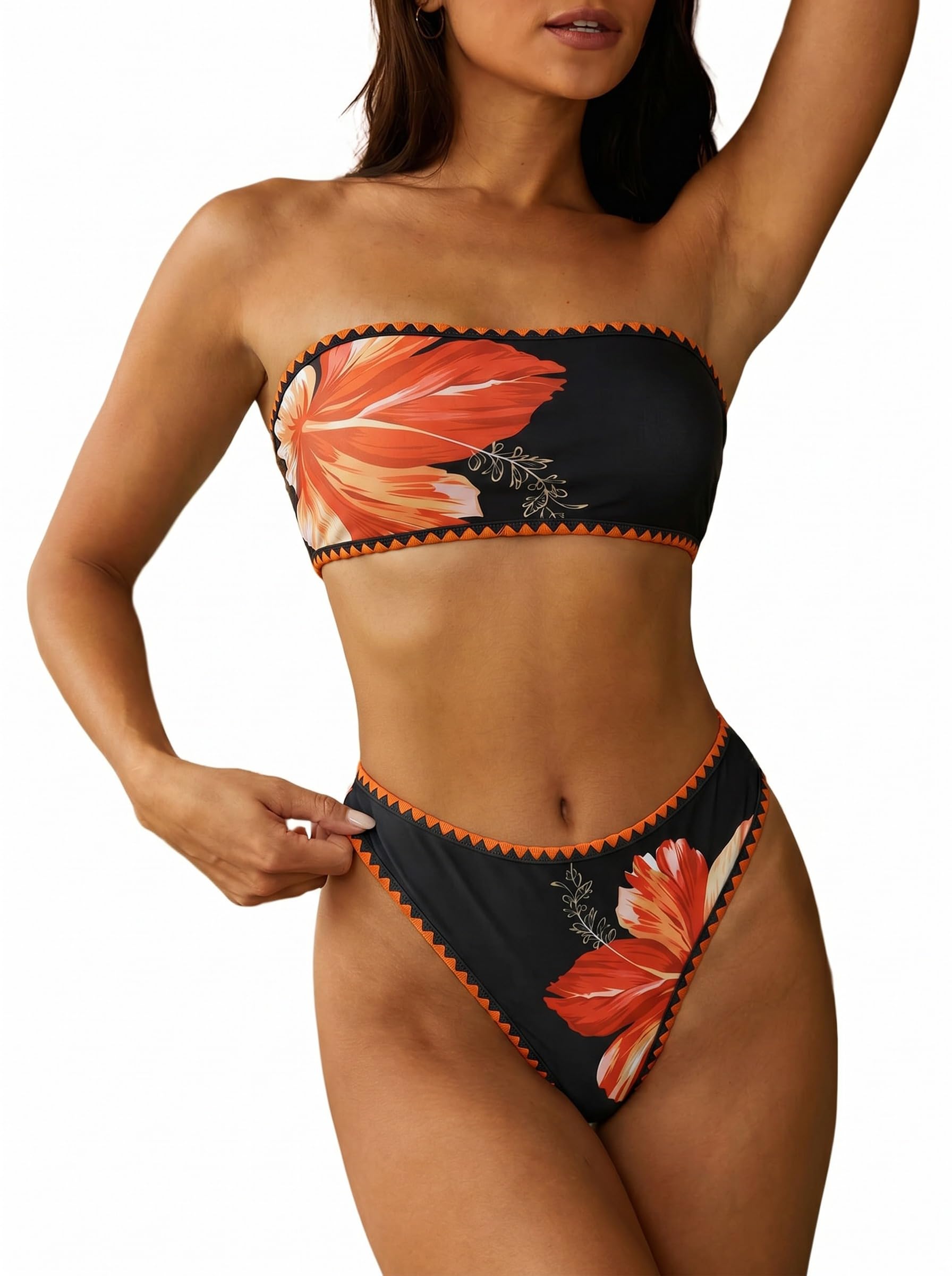 ZAFUL Women Strapless Textured Bandeau Bikini 2 Piece Swimwear Cheeky Solid Lace up Bathing Suits