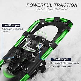 Odoland 4-in-1 Snowshoes Snow Shoes for Men and Women with Trekking Poles, Carrying Tote Bag and Waterproof Snow Leg Gaiters, Lightweight Aluminum Alloy Snow Shoes, Green, Size 25\'\'