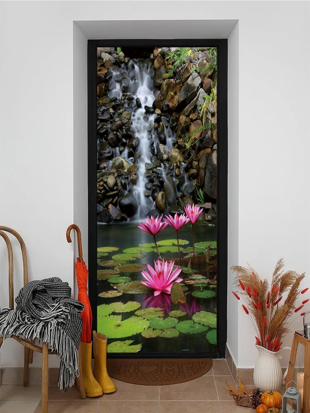 FLFK 3D Lotus Stream Landscape Door Murals Peel and Stick 77x200cm,Self-Adhesive Door Stickers Poster Wallpaper Wall Decals for Home Decor(2Pcs/Set)