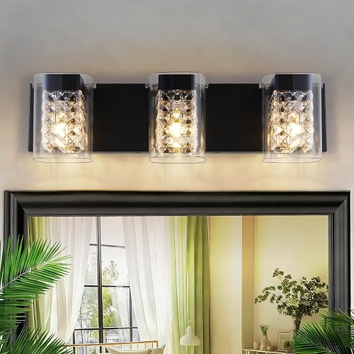 MantoLite Modern Crystal Bathroom Vanity Light, 3CCT Matte Black Wall Light