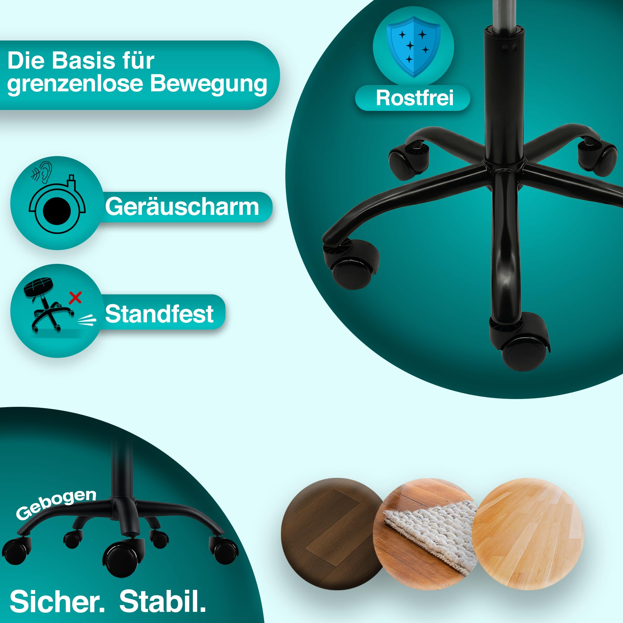 Rollhocker mit Metall-Basis und leisen Softrollen [TESTSIEGER] | höhenverstellbar, 360° drehbar, kratzfrei und stabil – ergonomischer Hocker mit Rollen | Arbeitshocker | Bürohocker [Schwarz]