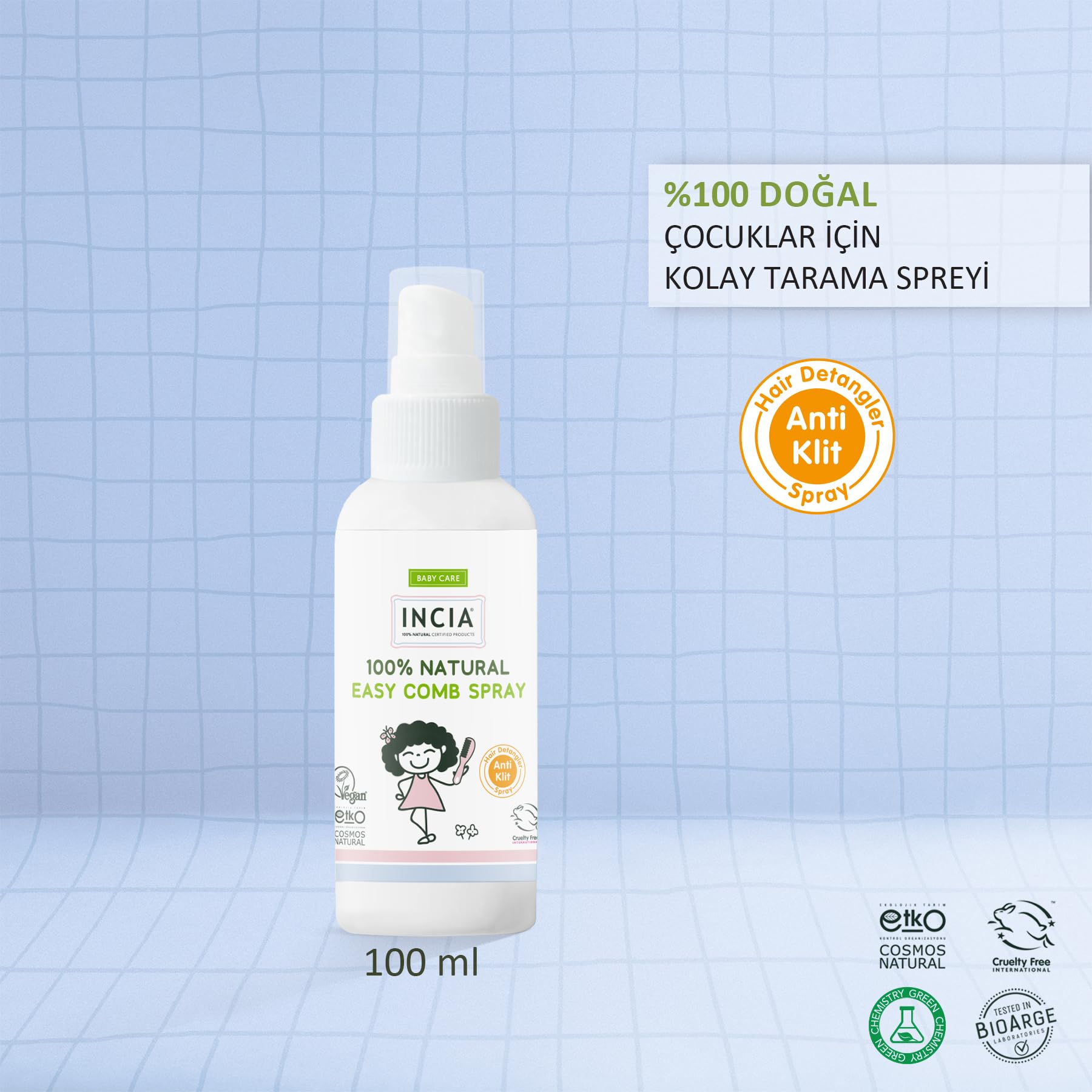 INCIA %100 Doğal Kolay Tarama Spreyi Çocuklar İçin Nemlendirici Parlaklaklaştırıcı Anti Klit 100 ml