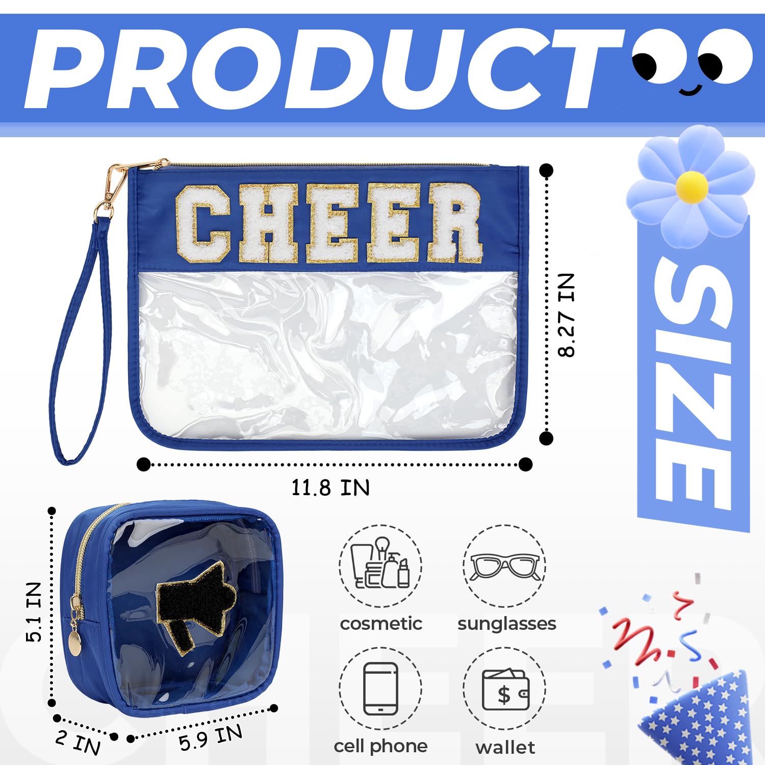 Aintmax 2Pcs Clear Cheer Bag Chenille Varsity Letter Makeup Bag Preppy Patch Pouch Waterproof PVC Toiletry Organizer Flat Travel Cosmetic Bag Cheerleader Gifts for Women(Cheer-Blue)