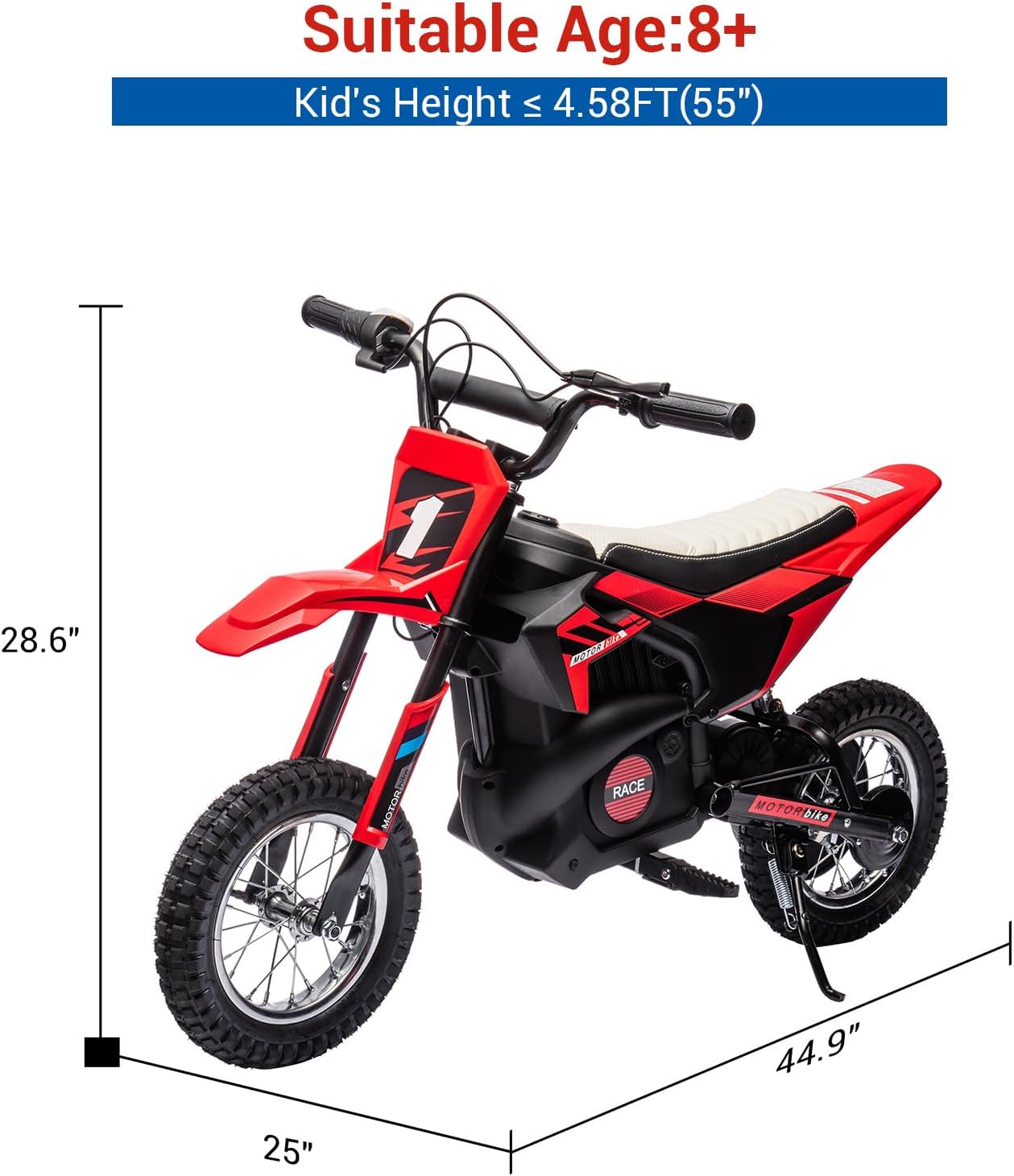 GarveeLife 24V Kids Ride On Electric Off-Road Motorcycle,250W Motor 13.6MPH Fast Speed Dirt Bike Motocross,Leather Seat,Twist Grip Throttle,Metal Suspension,Air-Filled Tires for Kids Riding Toy, Red