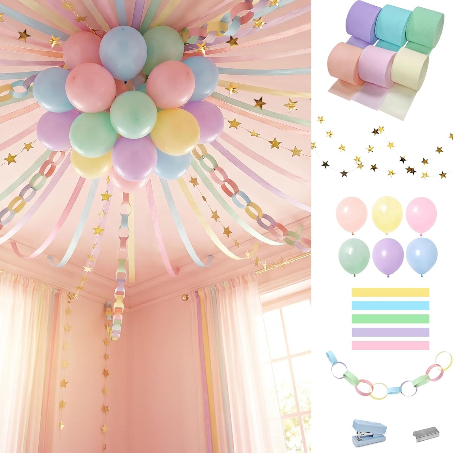 Paper Chain Garland Kit: 300 Sheets Chain Strips with Crepe Streamers & Gold Star Decor & Balloons, Hanging Decorations for Birthday or Party or Classroom