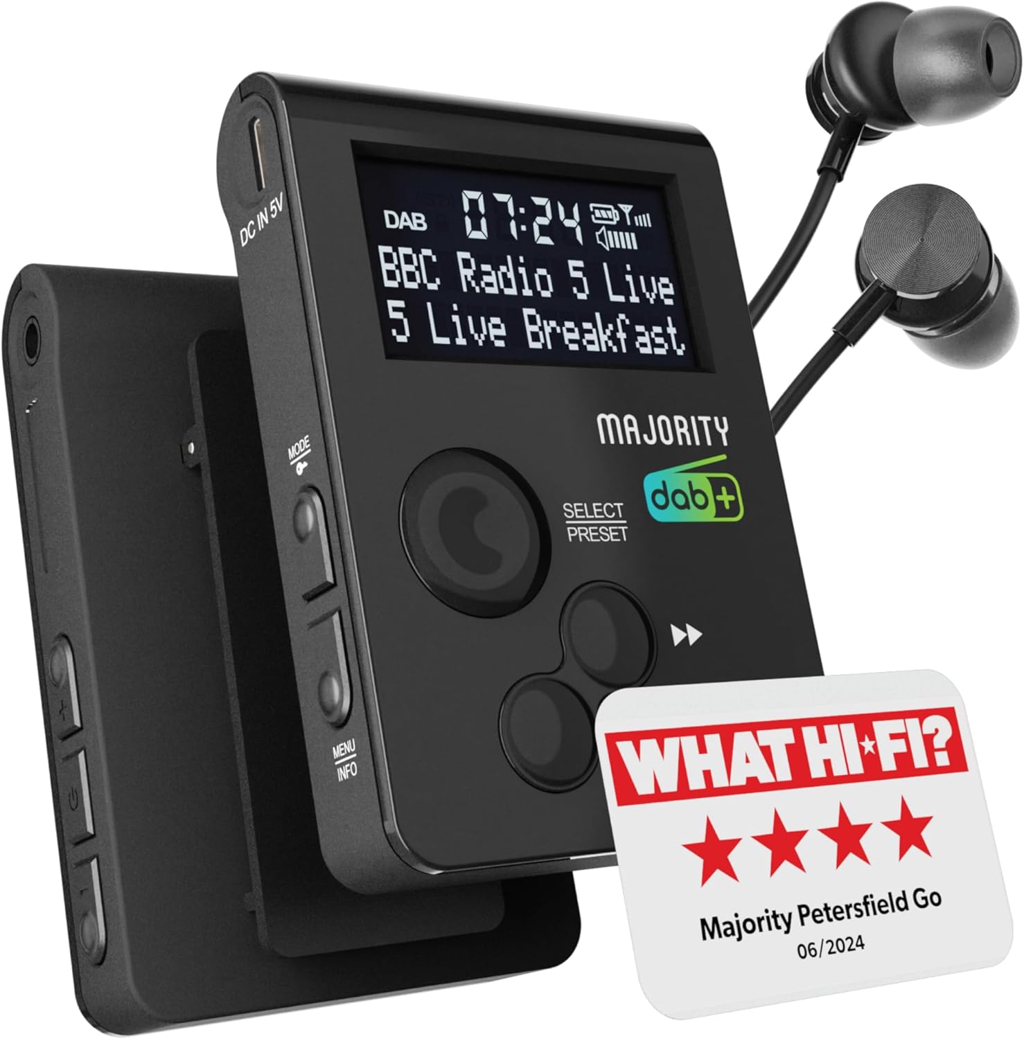 Pocket Portable DAB Radio | Personal FM Radio with Sports Clip and Lockable Buttons | Rechargeable 12 Hour Battery &amp; Internal Aerial | USB Charging &amp; Earphones Included | MAJORITY Petersfield Go