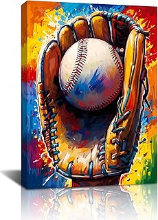 Framed Baseball Canvas Wall Art Prints,Retro Graffiti Baseball Glove Painting,Colorful Sports Theme Canvas Wall Art for Man Cave Wall Decor Boys Room Decorations 12X16 inch