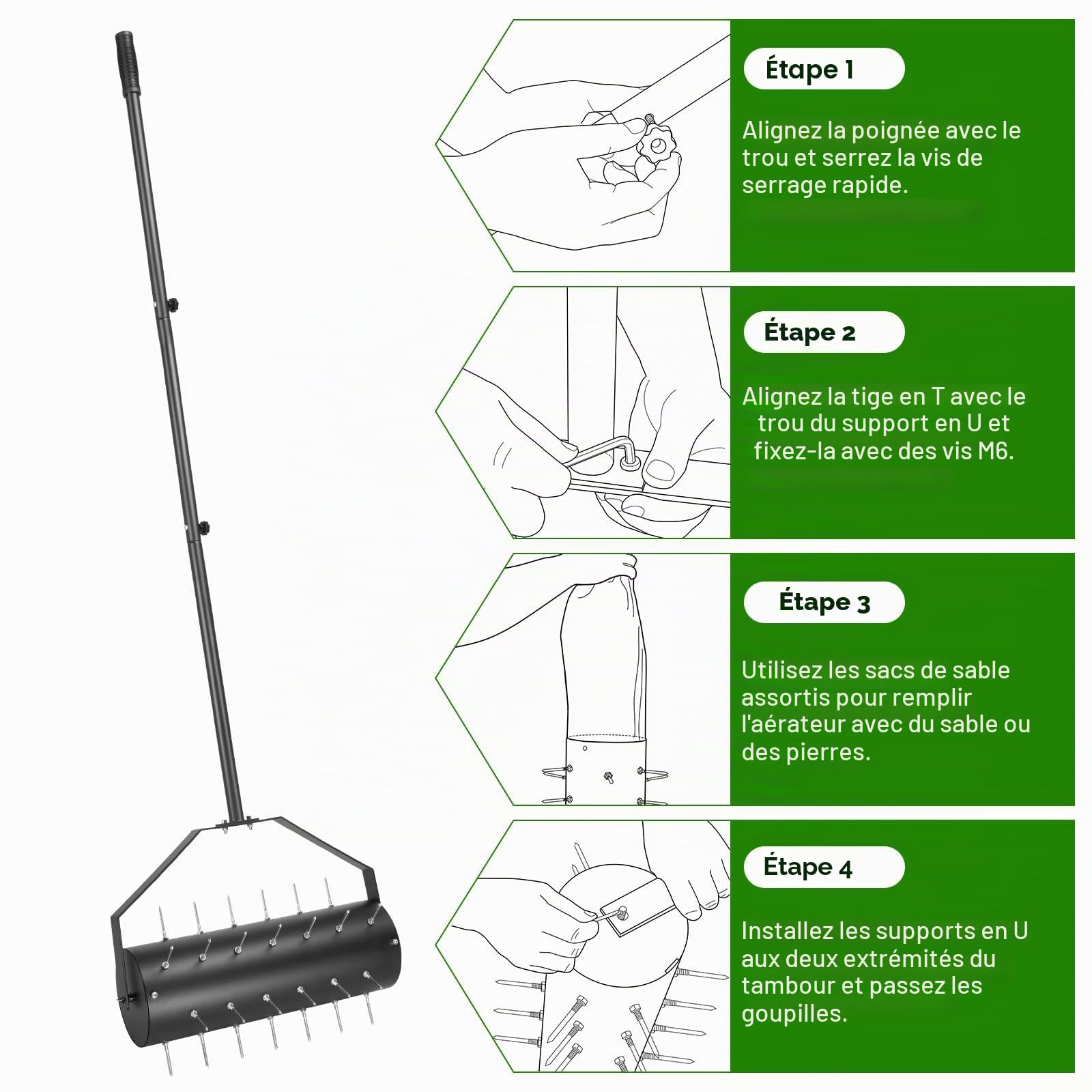 Aérateur de pelouse, manuel, aérateur de pelouse, rouleau de gazon avec 39 clous (6 cm) et manche, scarificateur manuel pour cours, surfaces de pelouse dans le jardin (44 cm x 141 cm/93,5 cm)