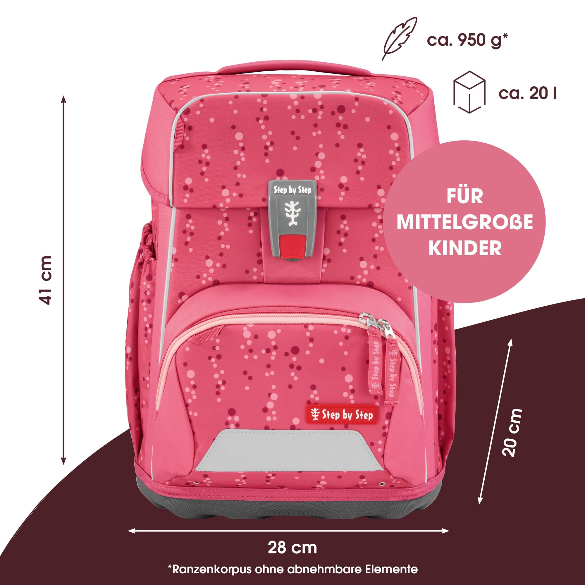 Step by Step Basis Schulranzen-Set „Pink Bubbles“, 4-teilig, rosa, ergonomischer Tornister mit Reflektoren, Hüft- und Brustgurt, für Kinder ab der 1. Klasse, 20 Liter