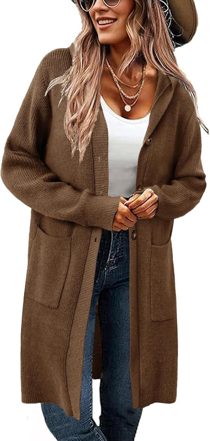 Alaster Queen Women's Hooded Fall Cardigan Long Sweater Open Front Button Down Knit Winter Cardigan Coats with Pockets