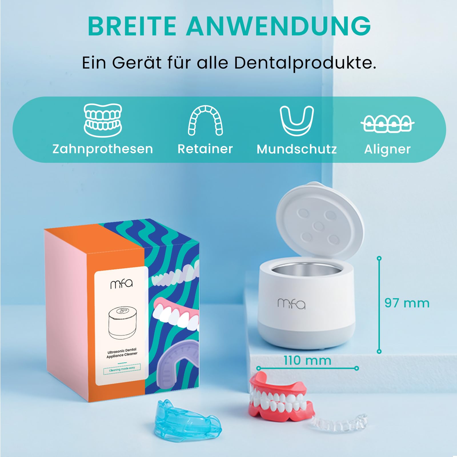 mfa Ultraschallreinigungsgerät für Zahnprothesen, Zahnspangen, Zahnschienen, Retainer, Aligner, Zahnersatz & Aufbissschienen | Ultraschallreiniger für zahnärztliche Geräte | Ultrasonic Dental Cleaner
