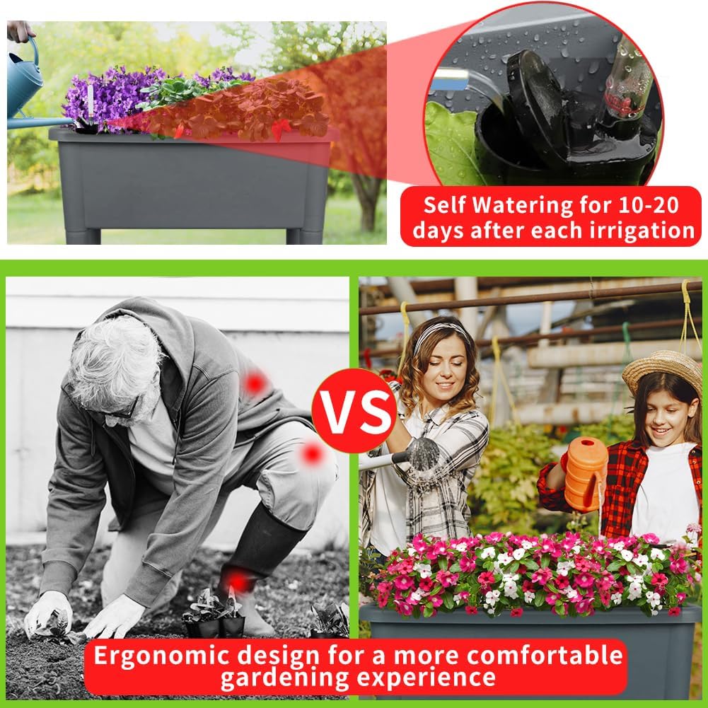 3 Pcs Self Watering Elevated Raised Garden Bed, Large Outdoor Plastic Planter Box Big Flower Plant Pot for Planting Flowers Vegetables and Herbs (4, Dark Grey)