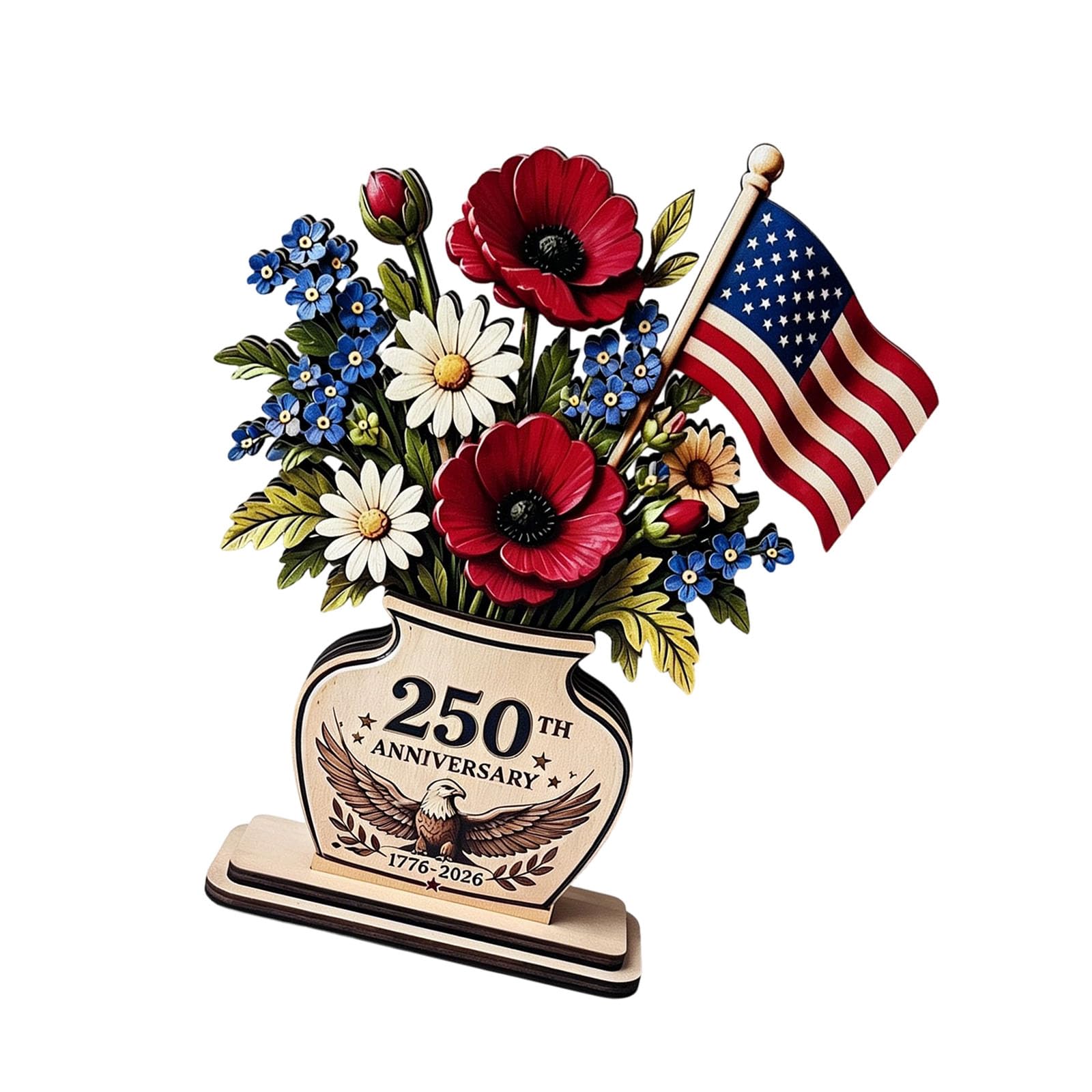 Mekalero Entryway Table Patriotic Decor, Wooden 250th Anniversary Sign with Flag Bouquet and Freestanding Base for Mantel, Shelf, or Desk Display Americana Centerpiece Independence Day Mantel Shelf