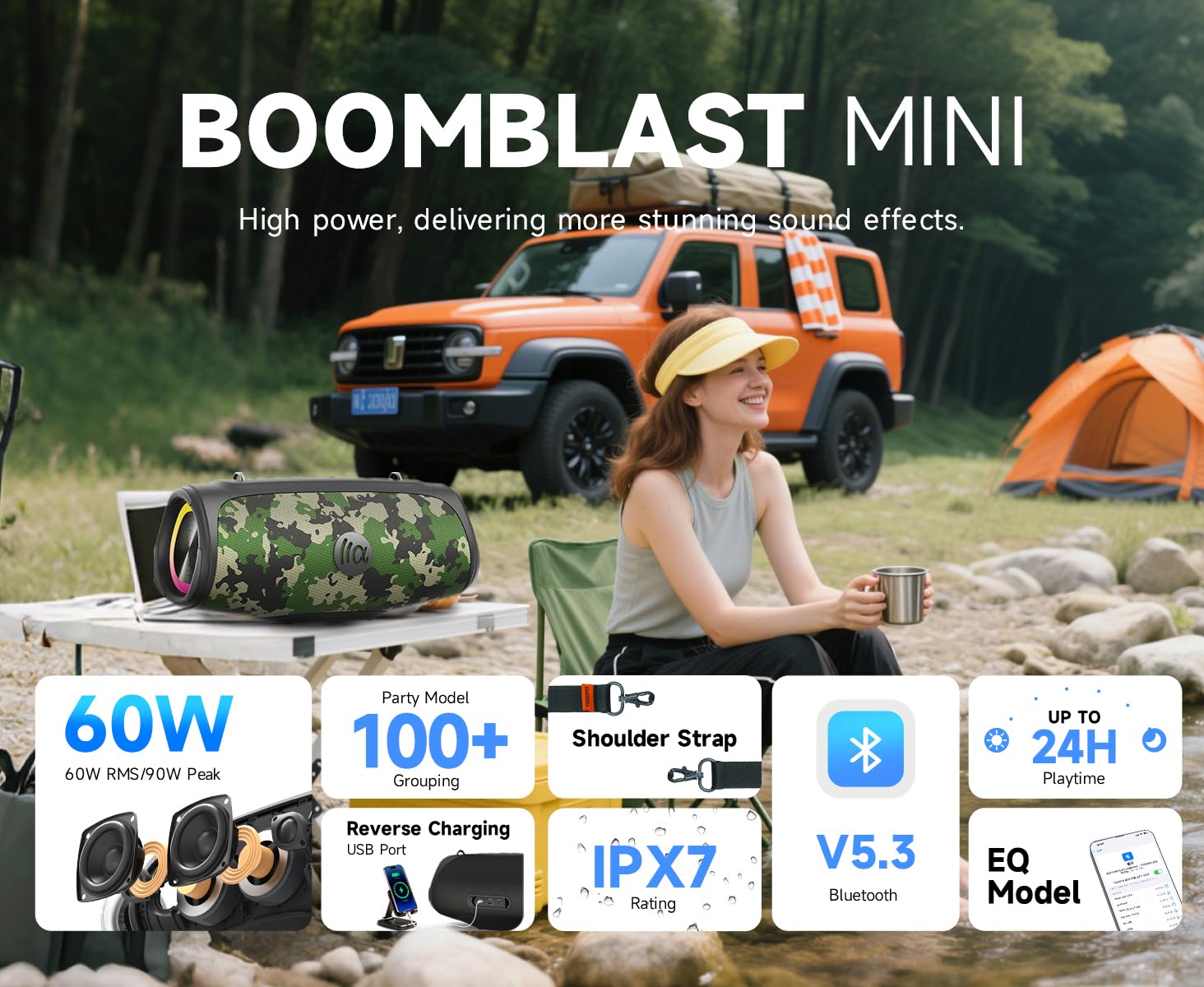 TAZATA - Altoparlante Bluetooth portatile da 60 W RMS, subwoofer da 90 W di picco alto, stereo wireless con suono HD, tempo di riproduzione 8H IPX7 impermeabile per feste in spiaggia (CAMO-60 W RMS/90