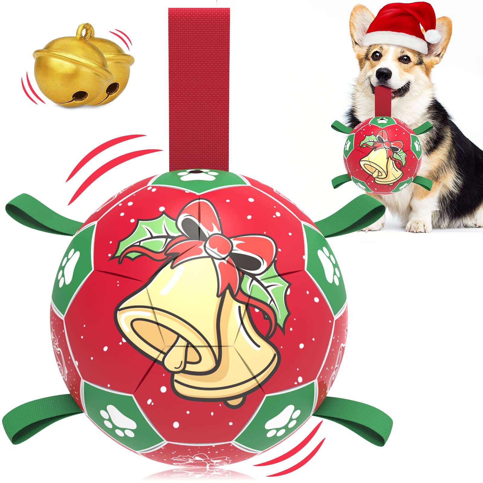 QDAN Christmas Dog Balls with Straps, Squeaky Dog Toys for Indoor Outdoor Playing, Puppy Birthday Gifts, Pet Toy Ball, Durable Herding Balls for Dogs (8 Inch)