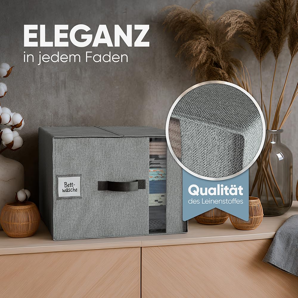 Björn&Schiller Aufbewahrungstasche, 6 Stück Kleideraufbewahrung und Organisation, Kleidung Aufbewahrung, Kleiderboxen Aufbewahrung, 39×36×26 cm, 37L, Leinen, grau, faltbar, mit Sichtfenster & Gurten
