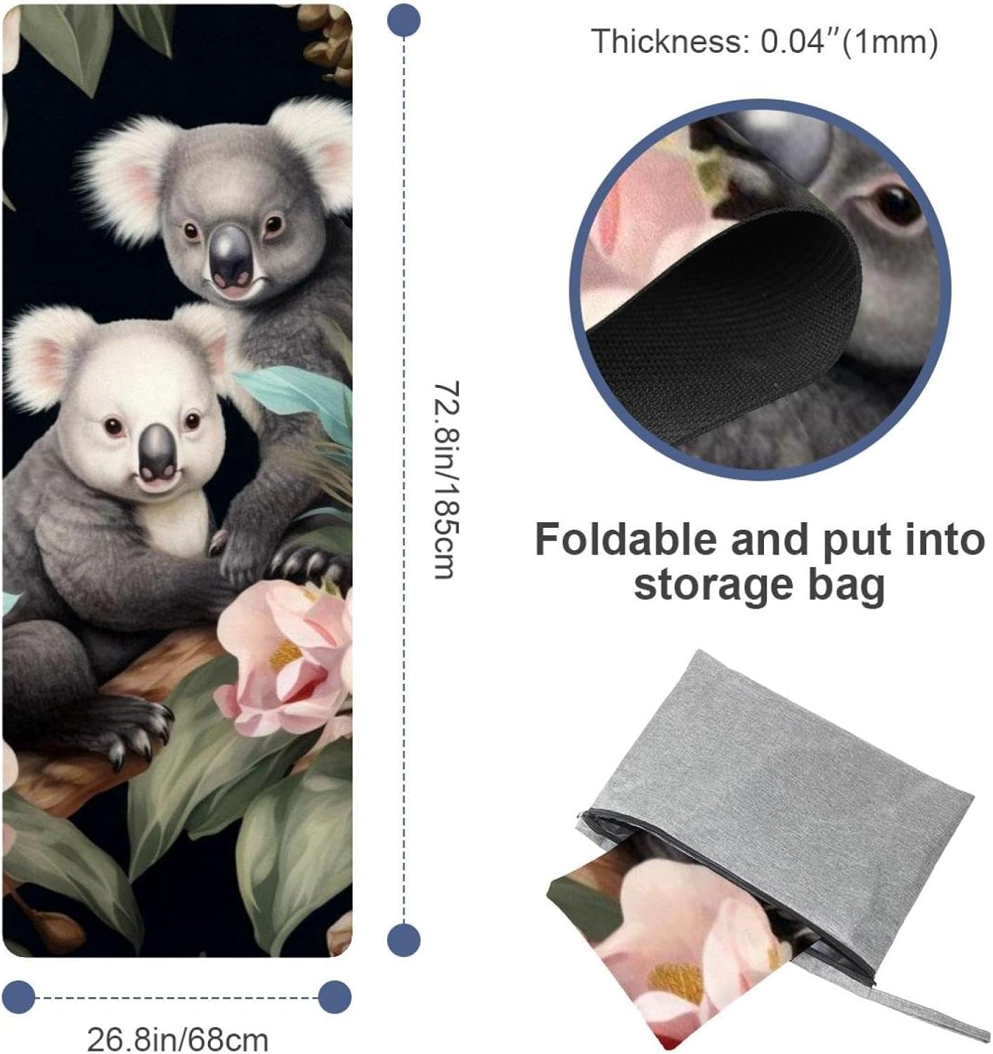 Yoga Towel, Koala Flowers Pattern Non Slip Sweat Absorbent Hot Yoga Mat Towel for Hot Yoga, Pilates and Fitness - 72.8" x 26.8"