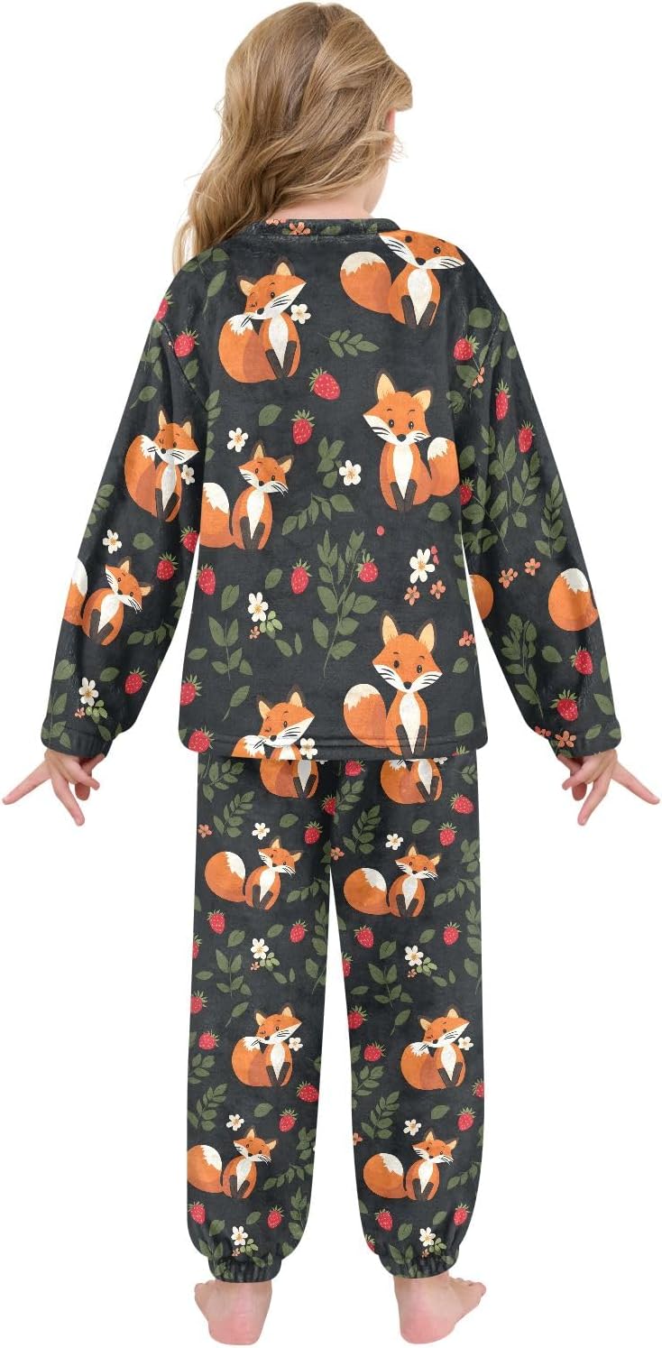 Kids Flannel Sets Fox Strawberry Flowers Warm Plush Relaxed Clothing for Boys and Girls