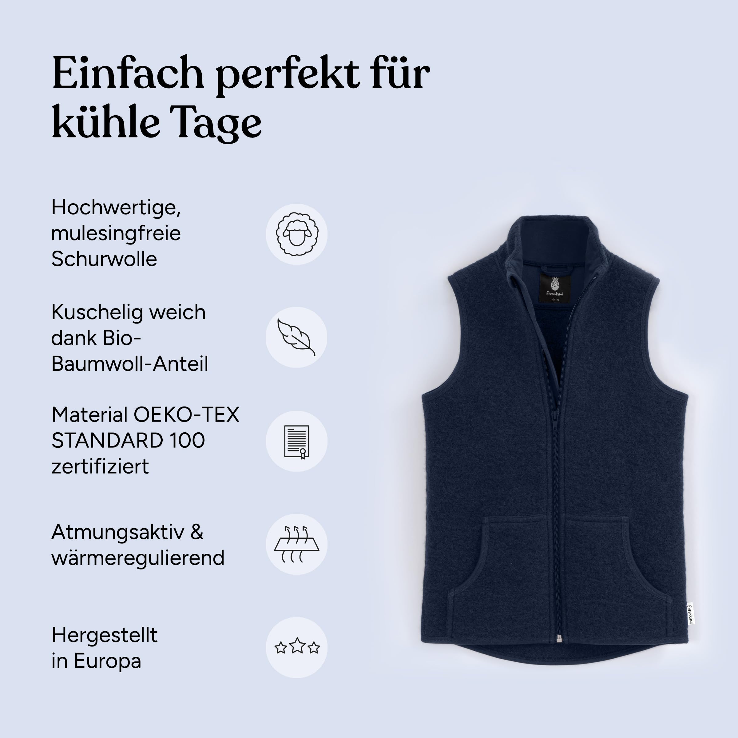 Ehrenkind ® Walkweste für Kinder aus Bio-Schurwolle | Kinderweste Gr. 74/80 | Weste Kinder in Anthrazit für Mädchen und Jungen | Kinderkleidung | Baby Weste