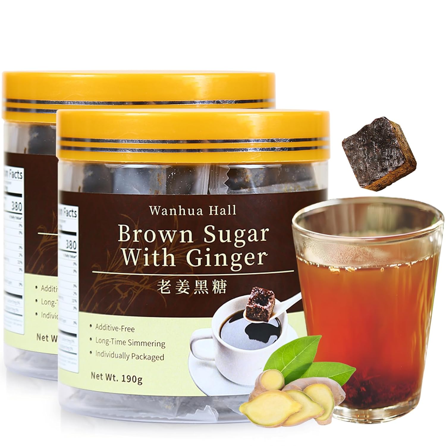 Wanhua Hall Dark Brown Sugar with Ginger Chinese Brown Sugar Cubes in Independent Packaging 13.4oz(190g*2) Soothing Ginger Tea for Women & Man,Additive-Free 黑糖