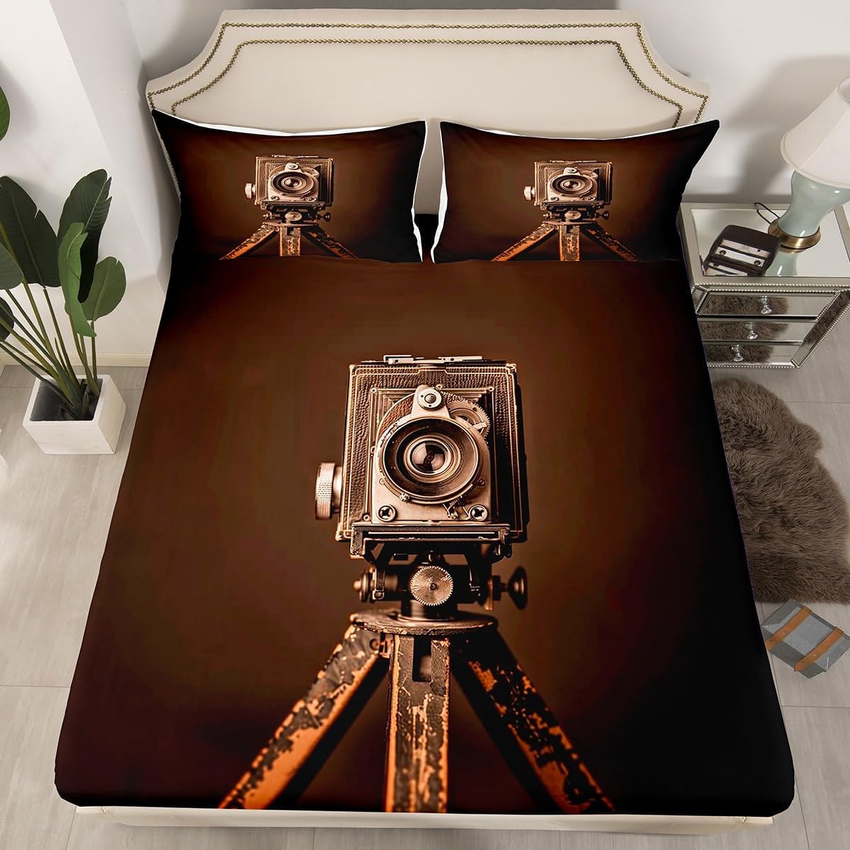 70s Movie Theater Fitted Sheets Queen Size,Retro Movie Bedding Set 3Pcs for Kids Teens Woman Men Room Decor,Film Equipment Bed Sheet Brown Black Soft Cozy Deep Pocket Sheet,2 Pillowcases