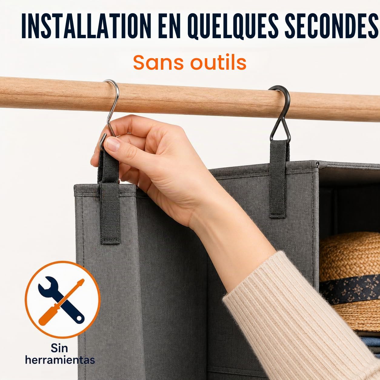 Organisateur de placard suspendu à 6 étagères pliantes en 2 modules de 3 avec 2 poches latérales et étagères en tissu renforcées, économise de l'espace et gardez les vêtements pliés sans plis