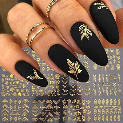 Gold Flowers Nail Art Sticker,A Large Sheet of 3D Metallic Flowers Vine Nail Decals Self-Adhesive Flower Lace Nail Stickers Leaves Nail Art Decor Gold Floral Nail Painting Design Manicure for Women Girls Salon Home DIY Nail