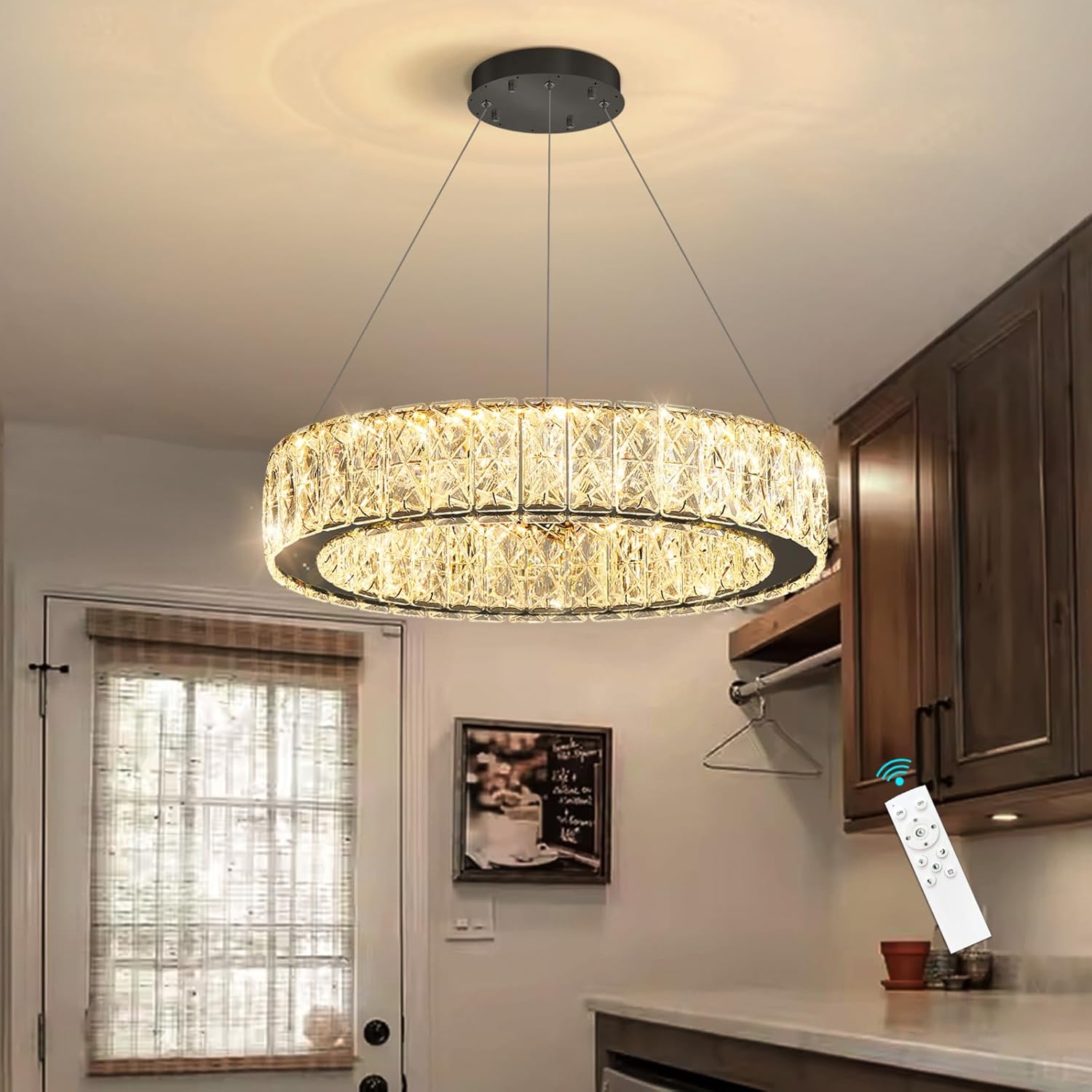 Modern Crystal Chandelier 15W LED Dimmable Lighting Fixture Adjustable Round Pendant Light for Dining Room Living Room Kitchen Bedroom Black
