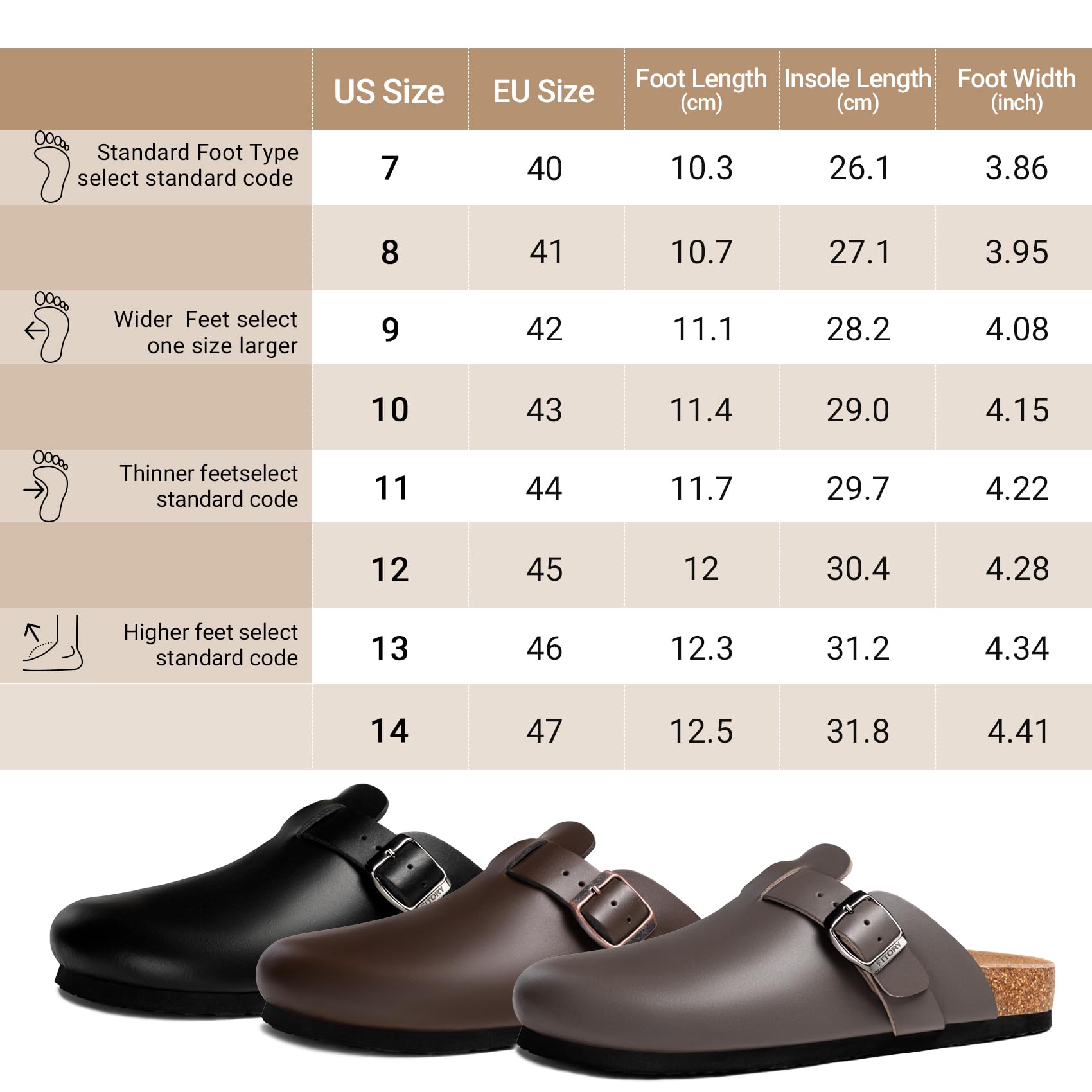 FITORY Herren Leder Clogs mit Fußgewölbeunterstützung, Comfort Slip auf Mules Kork Fußbett Kartoffelschuhe, Größe 40-47