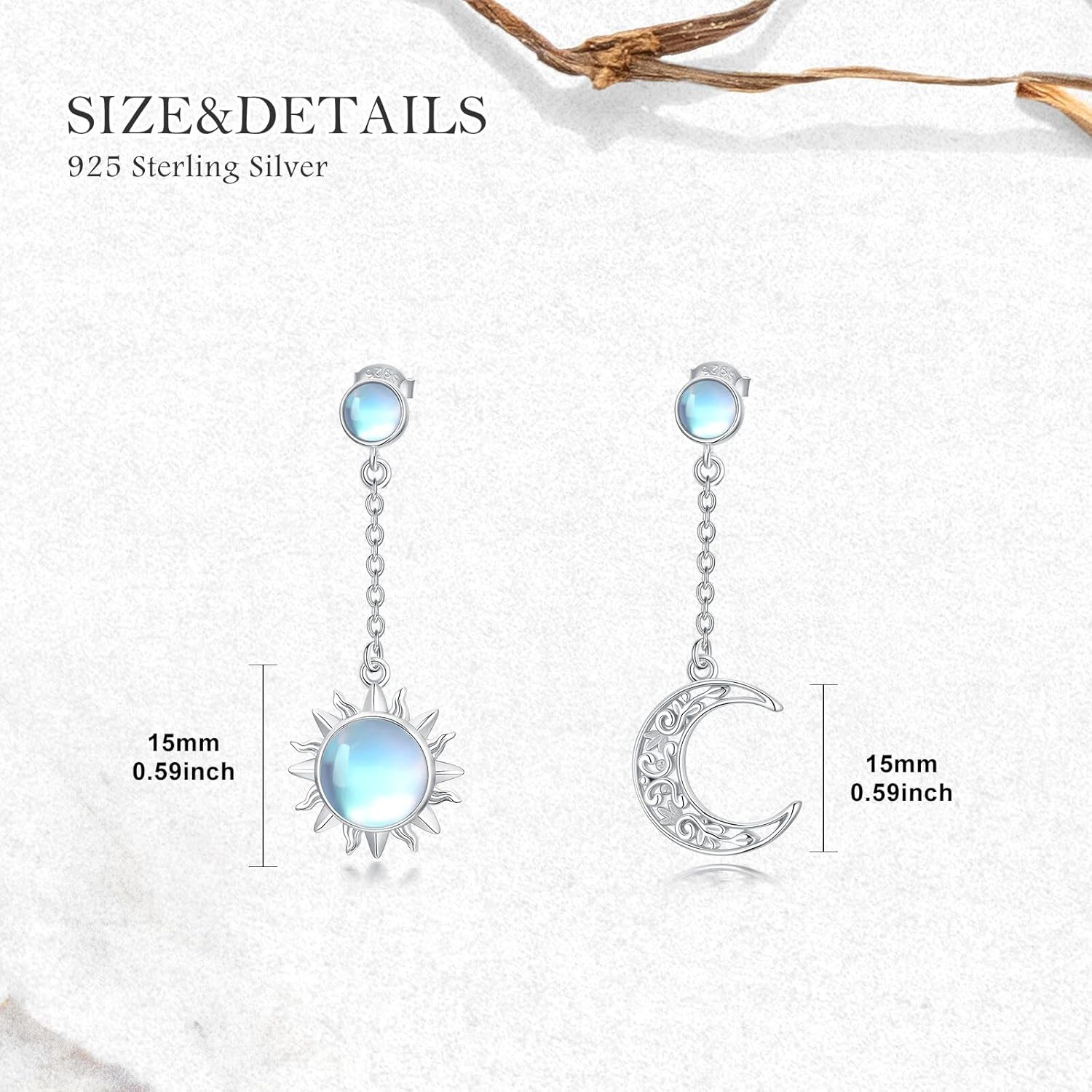 Sun and Moon Earrings for Women 925 Sterling Silver Moonstone Celestial Sun Crescent Moon Dangle Drop Earrings