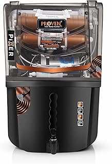 Proven Pixer Water Purifier RO + UV + UF Elegant Black with Full Transparent Front with Copper, High TDS Adjuster, Made in Price In India