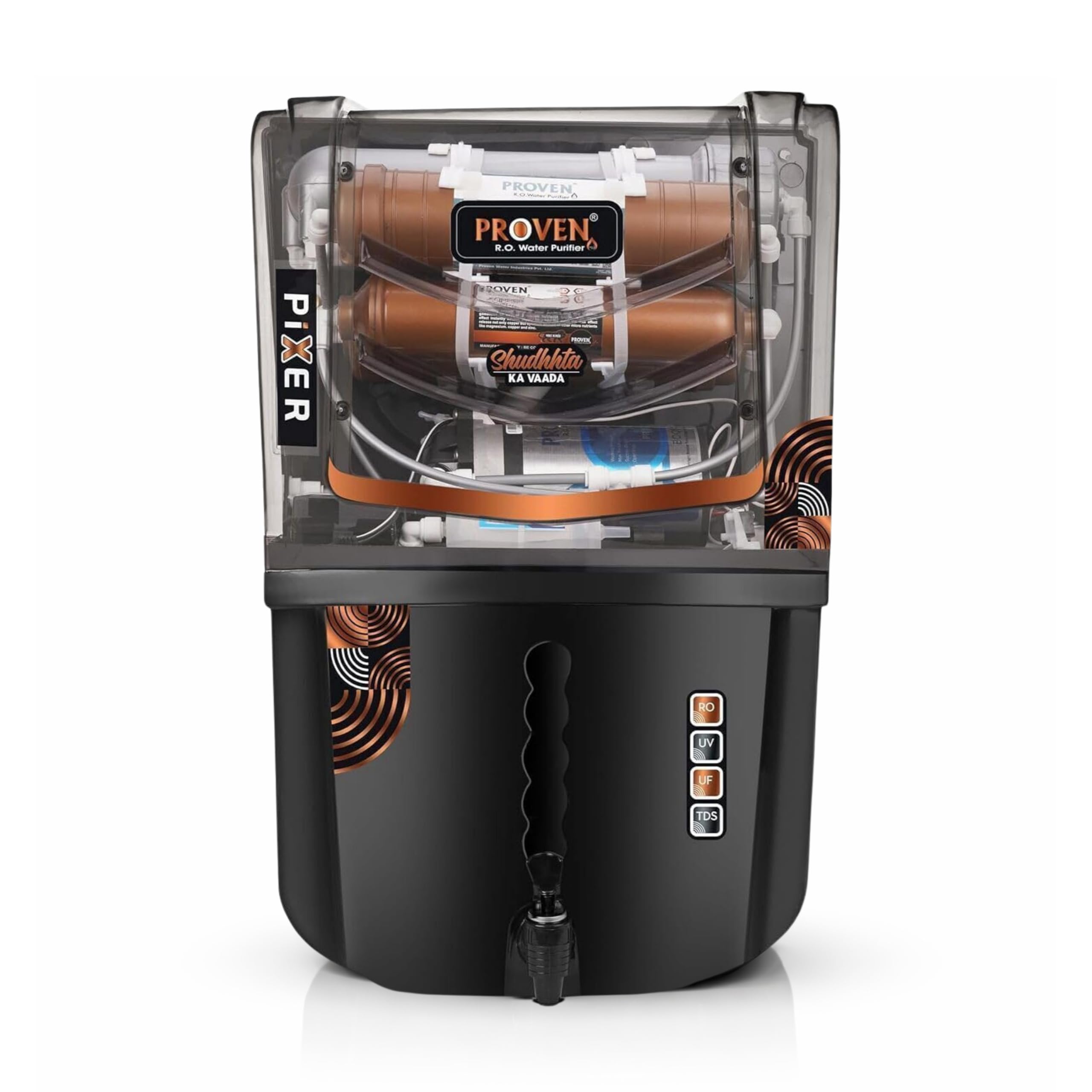 Proven Pixer Water Purifier – RO + UV + UF with Copper Zinc Alkaline Technology, TDS Adjuster, 12L Storage Tank, Sleek Black, Made in India, ISI | 12 Stage Purification | 1 Year Warranty