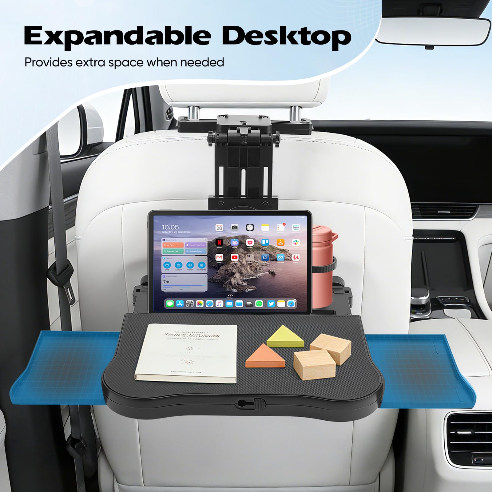 Bandeja para Asiento de Auto 20kg, Mesa de Asiento Trasero para Coche, Escritorio Giratorio de 360° con Respaldo, Portavasos, Multifuncional Coche para Comer