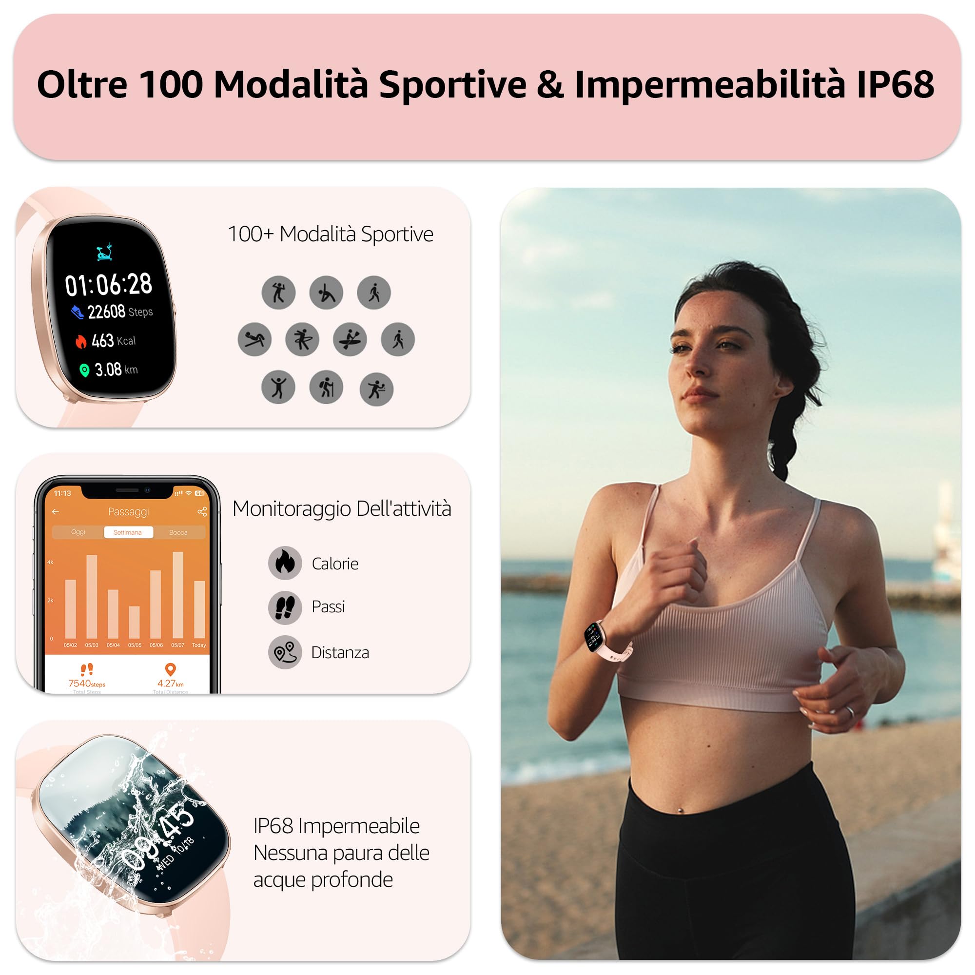 Smartwatch Uomo Donna (Rispondi/Effettua Chiamate), 1.83" Orologio Smartwatch con Contapassi/Sonno/SpO2/Cardiofrequenzimetro, 100+ Modalità Sportive, IP68 Impermeabile Fitness Tracker per iOS Android