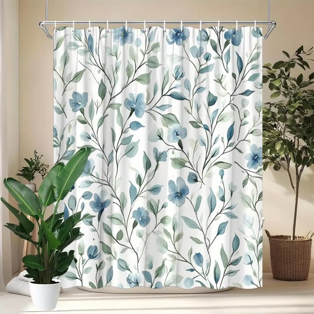 Tenda da doccia floreale turchese con stampa botanica,tenda da doccia minimalista e naturale con 12 ganci,lavabile in lavatrice (175x220 cm(LxA)