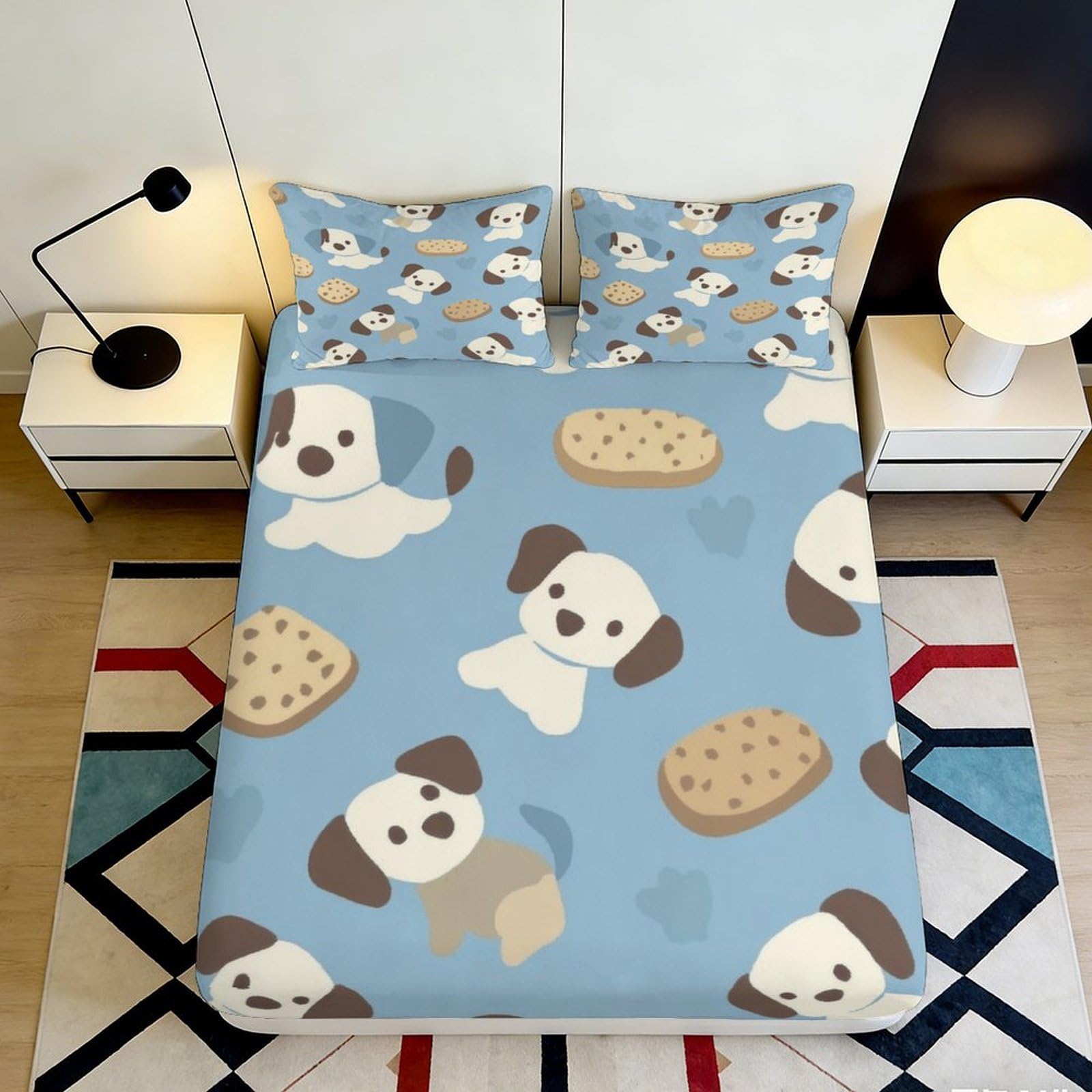 Pnayamiorkfel Style-1 3D Printed Cute Puppy Fitted Sheet Microfiber Soft Blue Cartoon Dog Bed Cover For Bedroom Guest Room Decor 90X200x25cm