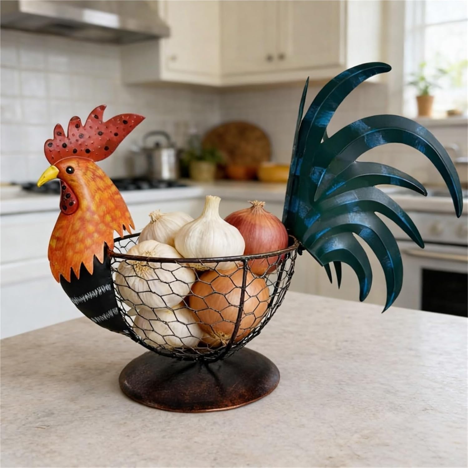 Rooster Fruit Basket, Metal Egg Basket For Kitchen Counter, Decorative Chicken Basket Storage For Farmhouse Kitchen Decor